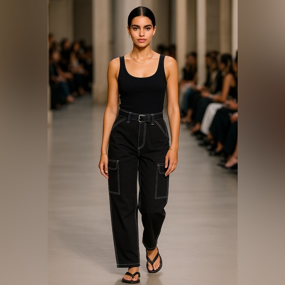 H&M jeans pants black twill cargo pants jeans white stitching size 8 NWT - Picture 1 of 9